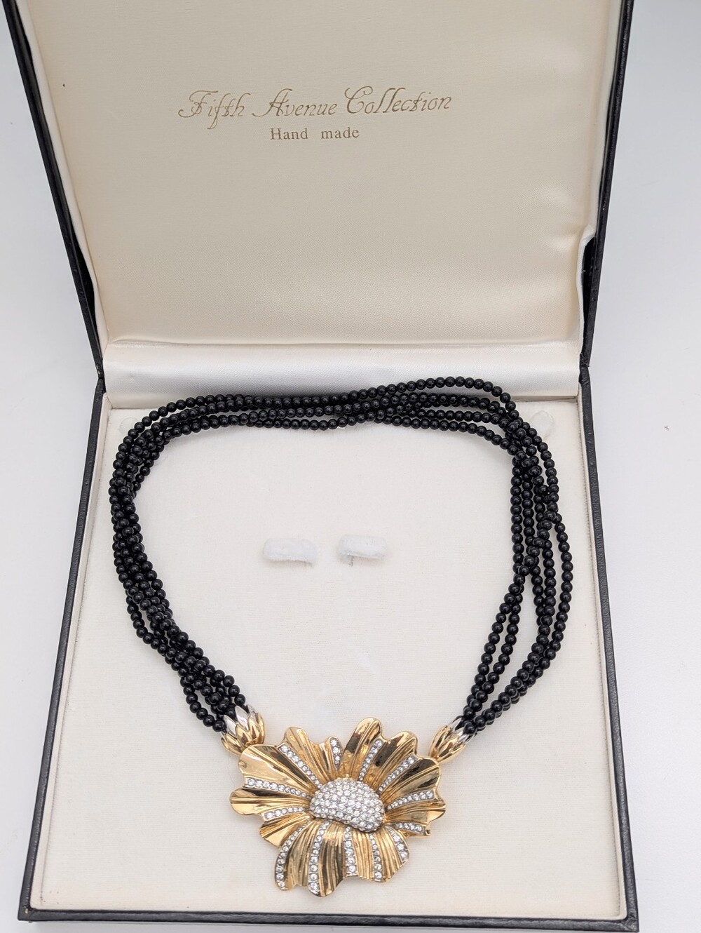 Vintage 5th Avenue Collection Gold-Tone Flower on Black Beaded Necklace